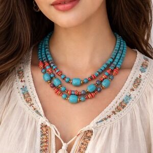 Vintage Faux Turquoise Coral Beaded Necklace Southwest Boho Statement Western